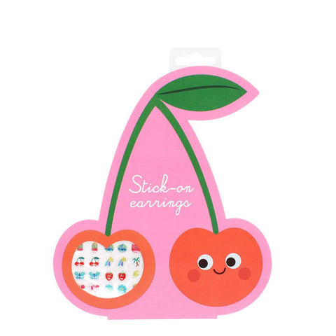 Packaging for stick-on earrings shaped like cherries with a pink background