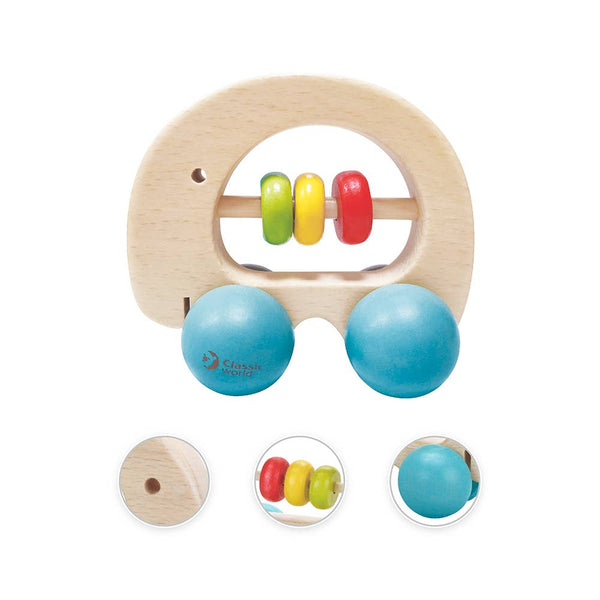 Wooden baby toy elephant with colourful beads and blue balls on a white background