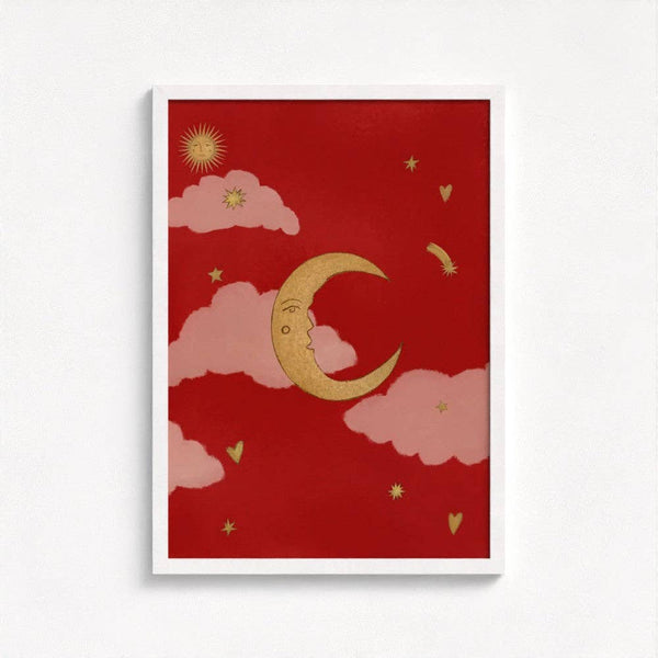 Framed artwork with a red background, gold crescent moon, pink clouds, and yellow stars.