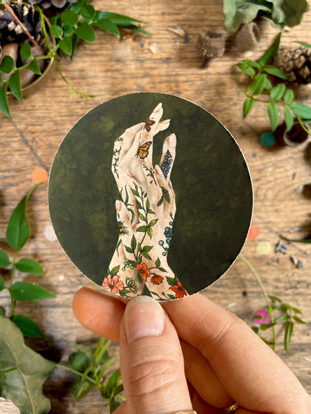 The Botanist Botanical Floral Tattooed Hands Vinyl Sticker - Georgiou Draws