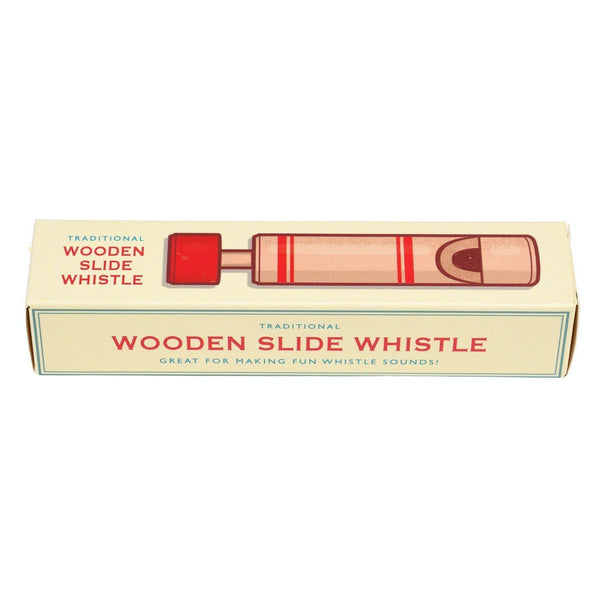 Box of a wooden slide whistle with text on a white background