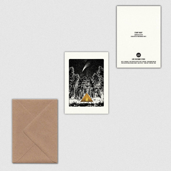 Front and back of a greeting card featuring a tent in a forest with a envelope on a light grey background