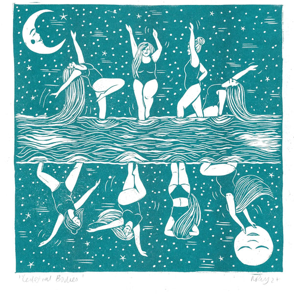 Illustration of women in swimsuits performing yoga poses on a teal background with moon and stars.