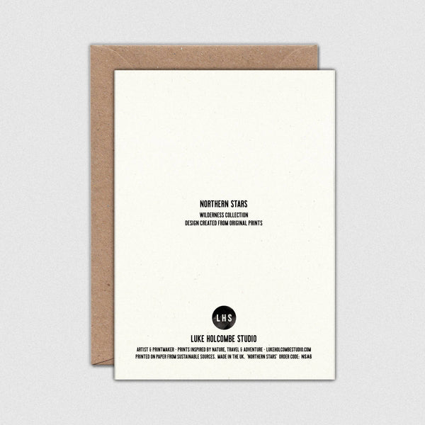 Greeting card with 'Northern Stars' design and 'Luke Holcombe Studio' branding on a white background.