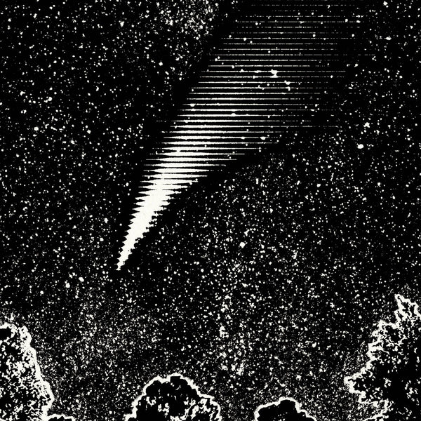 Black and white abstract pattern resembling a comet or shooting star against a starry night sky.