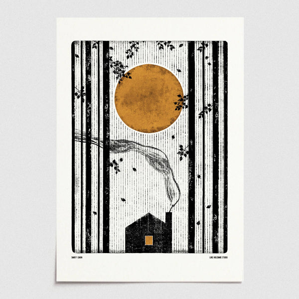 Art print of a black house with smoke, yellow sun, and striped pattern on a white background