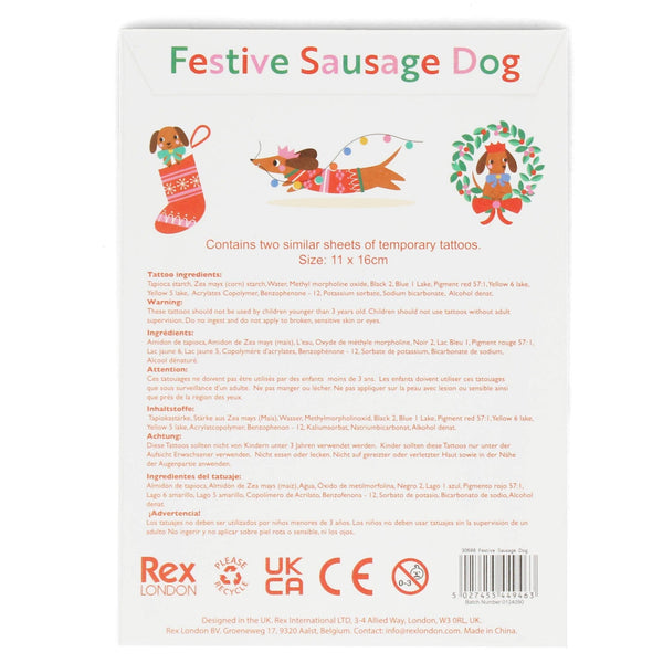 Packaging of 'Festive Sausage Dog' temporary tattoos with illustrations and text.