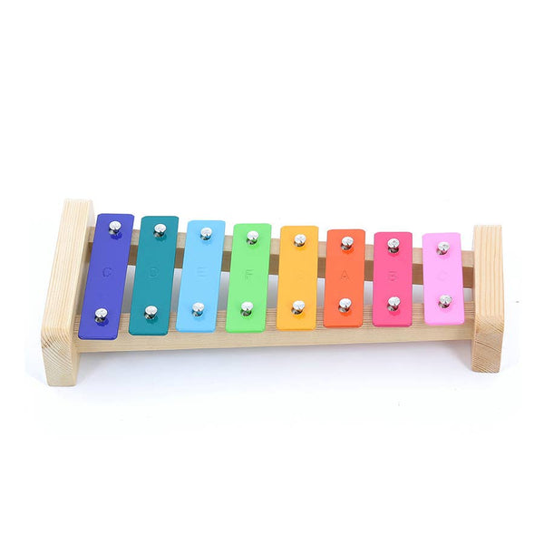 Colourful wooden xylophone toy on a white background