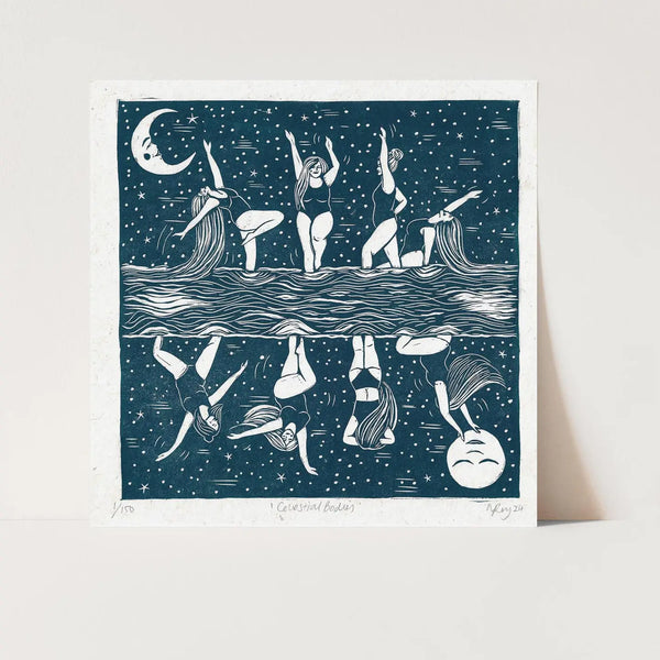 Illustration of women in swimsuits in water with a starry sky.