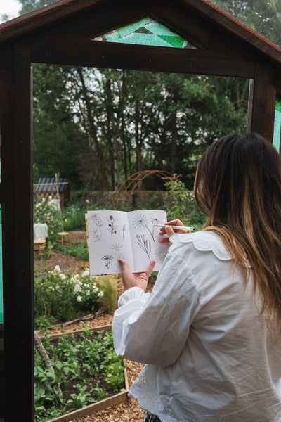 Person holding a book with garden illustrations, standing inside a wooden shed looking out onto a garden.