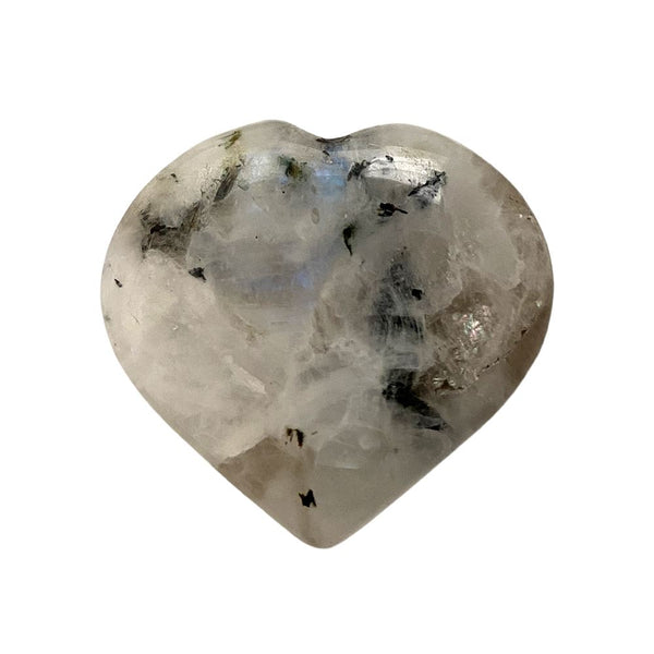 Heart-shaped rainbow moonstone crystal on a white background