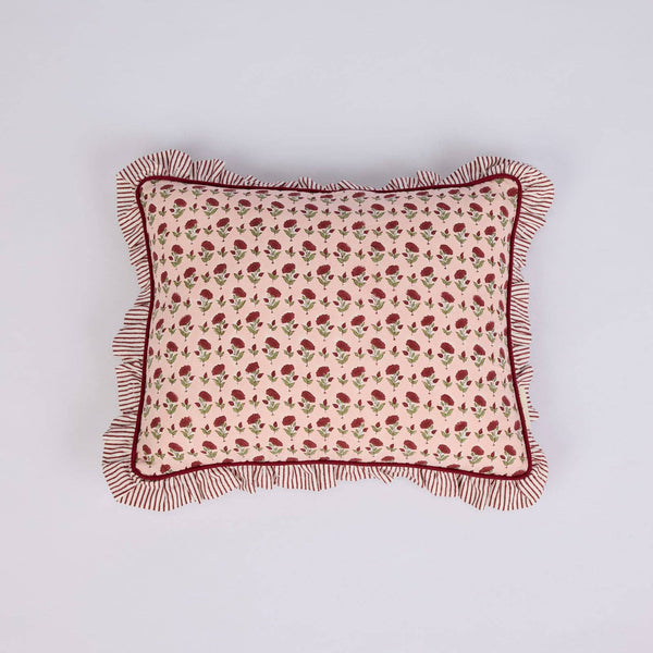 Ruffled Cushion Cover - Scarlet Ditsy Floral Block Printed - Paper Mirchi