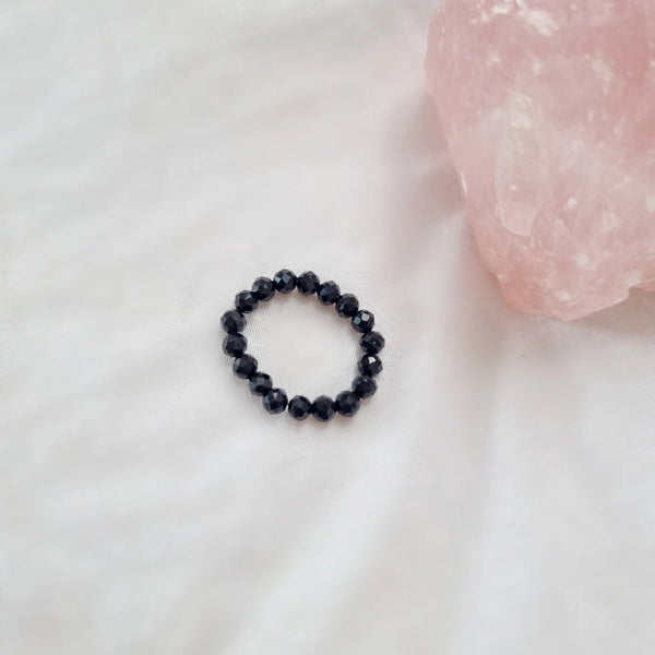 Black Tourmaline Crystal Healing Beaded Ring - Protection, Calm, Confidence - Two Libras