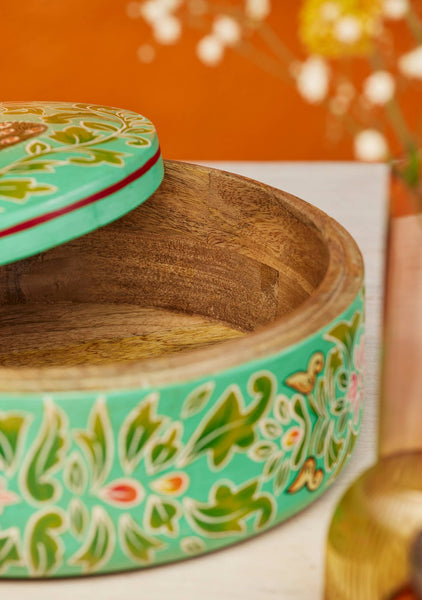 Hand Painted Indian Peacock Round Box - Namaste
