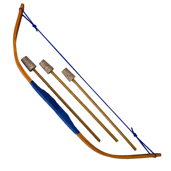 A traditional wooden bow and arrows set on a solid white background. The bow is made of yellow stained wood with a blue grip and blue string, accompanied by three matching wooden arrows with cork nocks.