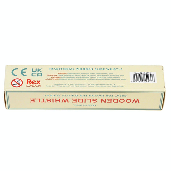 Box of Rex London wooden slide whistle on a white background