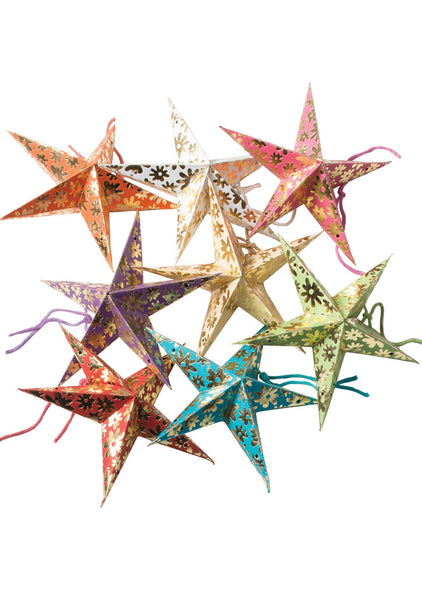 ColoUrful star-shaped paper decorations on a white background