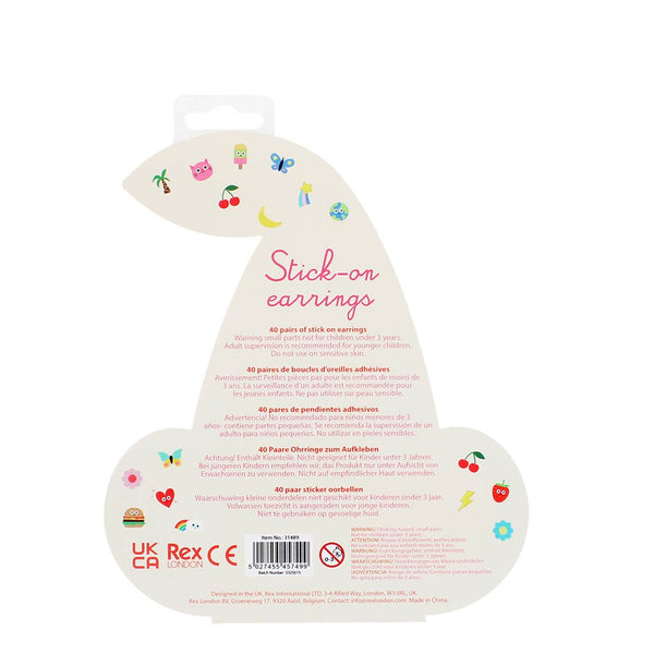 Packaging of stick-on earrings with colorful designs on a white background