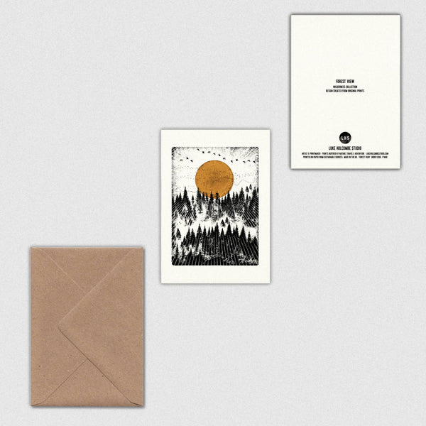 Greeting card with a stylized landscape and envelope on a light gray background