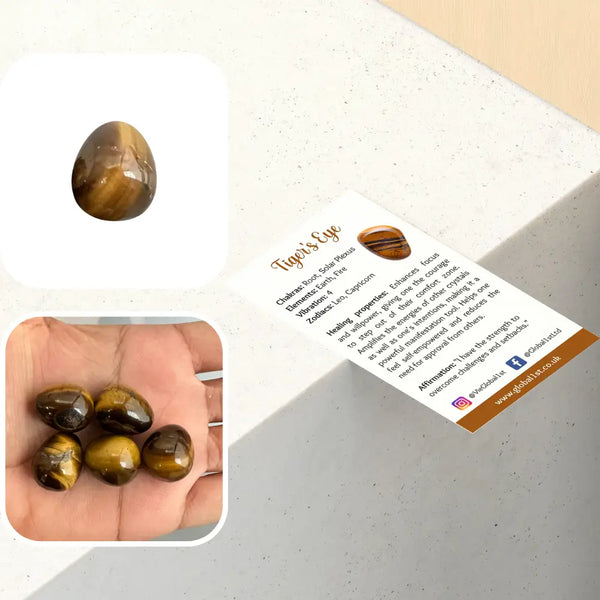 Tiger's eye gemstones with a product card on a light background