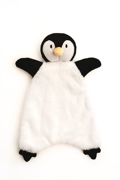 A plush penguin comforter or lovey with a white faux fur body, black wings and feet, and a small soft orange beak, photographed on a clean white background.
