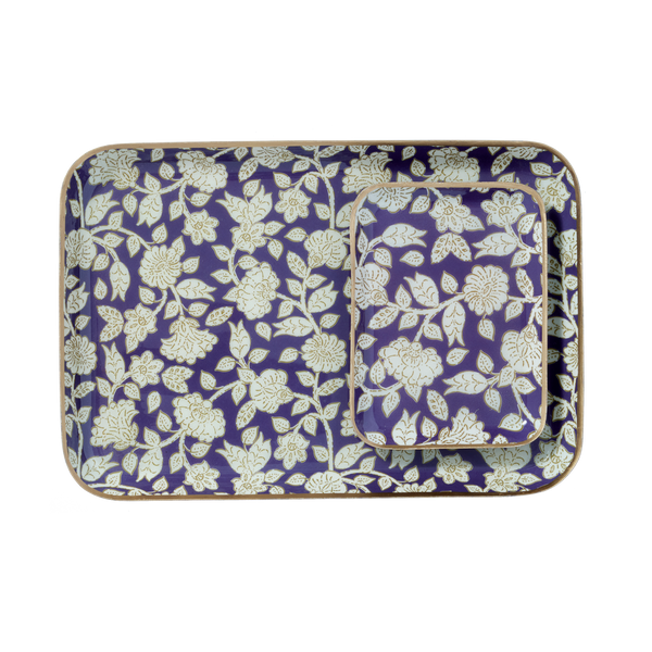 Large Violet Jaya Bohemian Chic Tray With Enamelled Metal Flowers - Bonheur du Jour