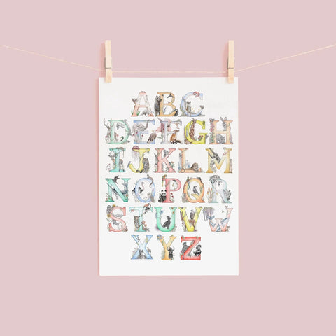 Poster with colorful alphabet letters on a pink background