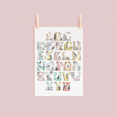 Colorful alphabet poster with animals on a pink background