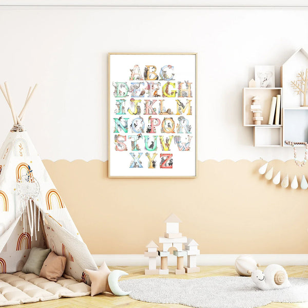 Children's room with a colorful alphabet poster on the wall, a teepee, and toys.