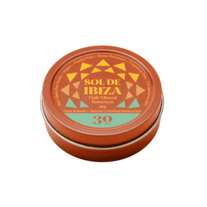Sol de Ibiza sunscreen tin with geometric design on a white background