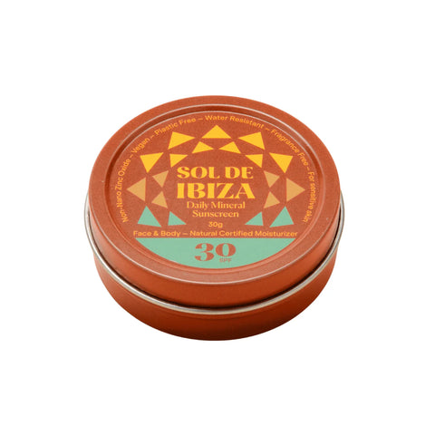 Sol de Ibiza sunscreen tin with geometric design on a white background