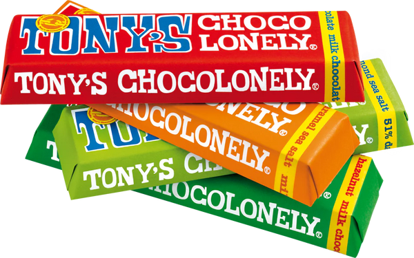 A stack of brightly wrapped Tony's Chocolonely small chocolate bars against a white background