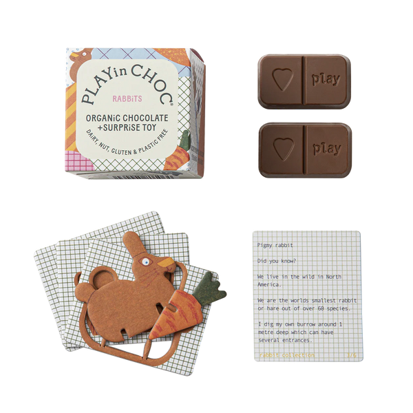 Playin' Choc organic chocolate and surprise toy set with packaging on a white background