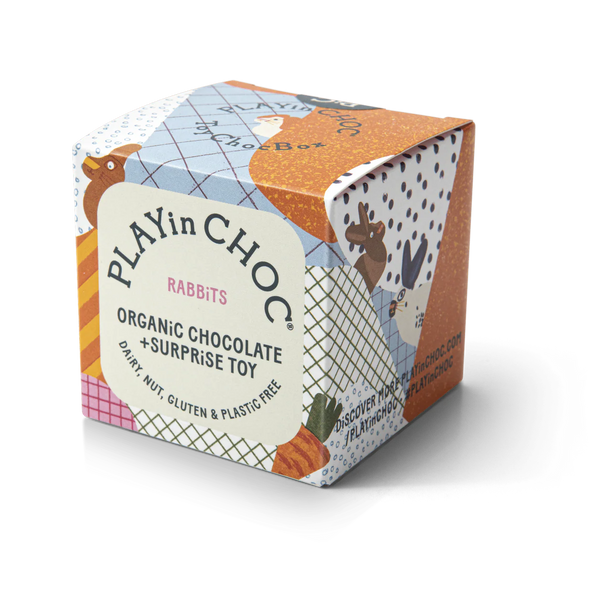 Playin Choc organic chocolate and surprise toy packaging on a white background