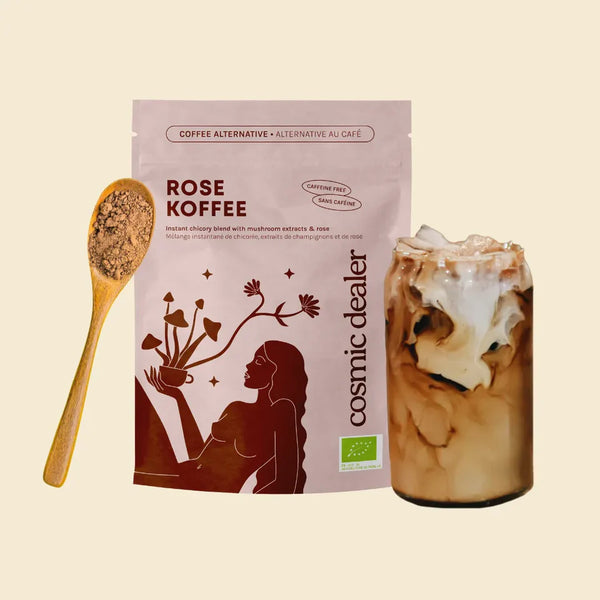 Rose Koffeé package with a spoonful of coffee and an iced coffee drink on a beige background