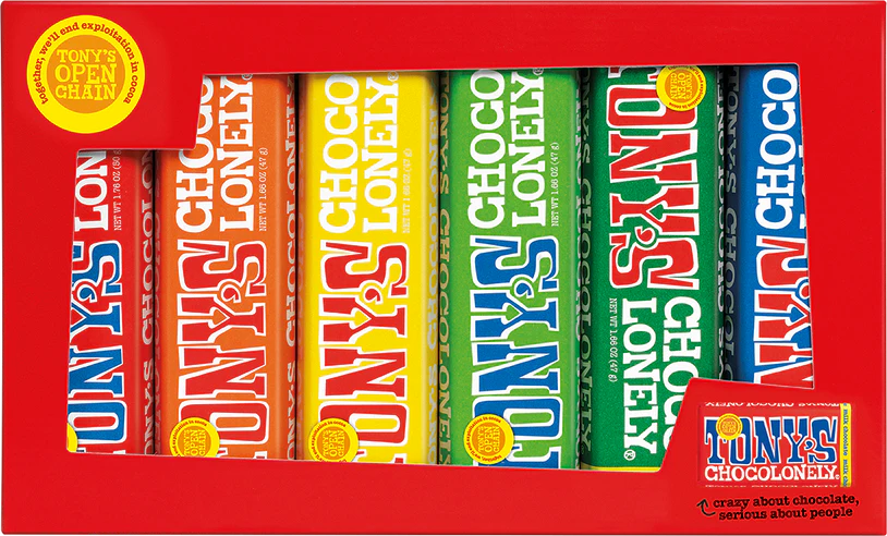 Tony's Chocolonely Small Bar Tasting Gift Pack including 6 bars of colourfully wrapped chocolate against a white background