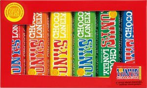 Tony's Chocolonely Small Bar Tasting Gift Pack including 6 bars of colourfully wrapped chocolate against a white background