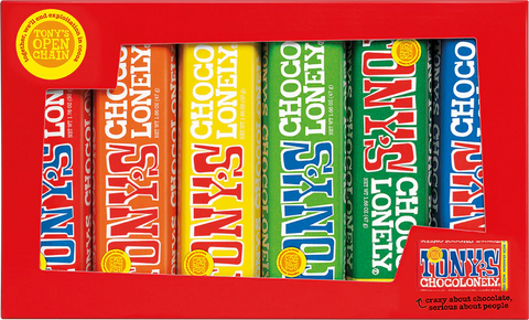 Tony's Chocolonely Small Bar Tasting Gift Pack including 6 bars of colourfully wrapped chocolate against a white background