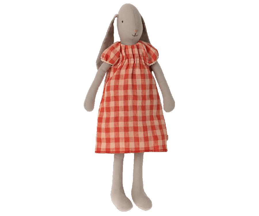 Maileg soft toy Bunny in size 3 wearing a red gingham dress