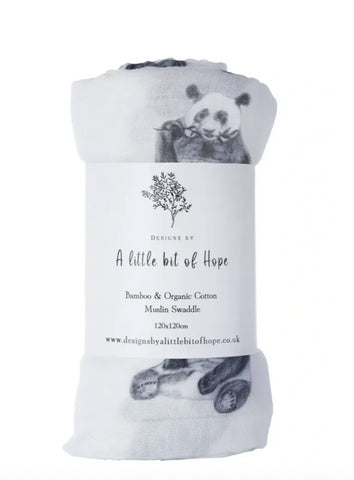 Panda Organic Cotton Muslin Swaddle Blanket - Designs by a Little Bit of Hope