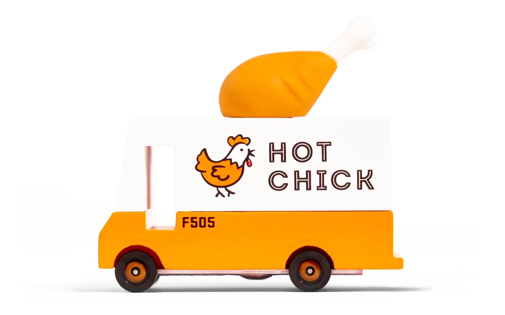 An orange wooden toy van with a 'Hot Chicken' text label and a rubber drumstick topper designed to look like a chicken.