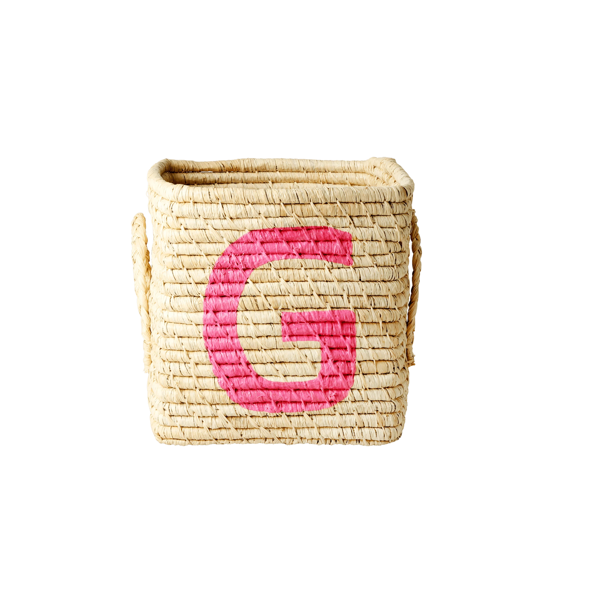 'Painted Letter G' Small Square Raffia Storage Basket - Rice DK