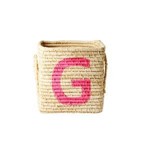 'Painted Letter G' Small Square Raffia Storage Basket - Rice DK