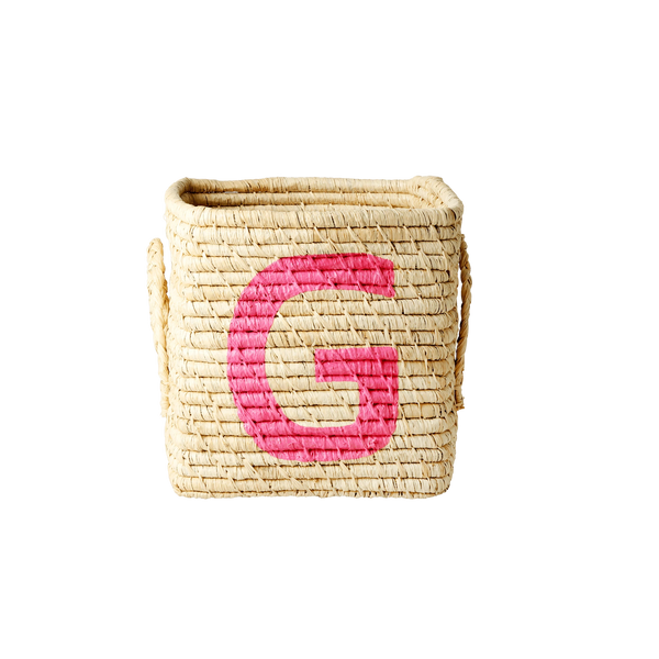 'Painted Letter G' Small Square Raffia Storage Basket - Rice DK