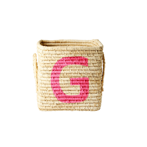 'Painted Letter G' Small Square Raffia Storage Basket - Rice DK