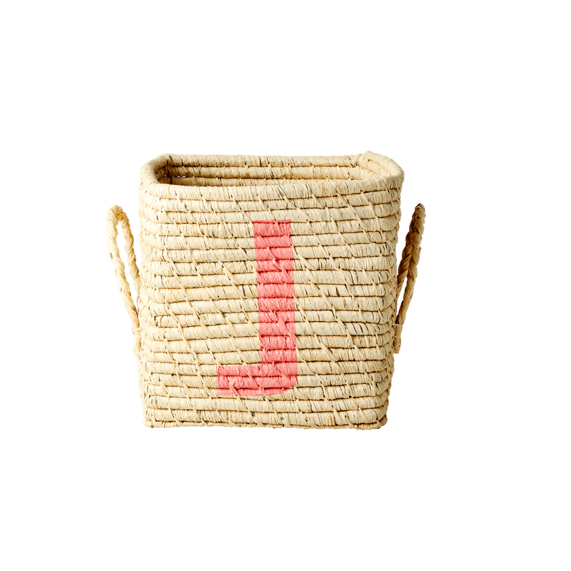 'Painted Letter J' Small Square Raffia Storage Basket - Rice DK