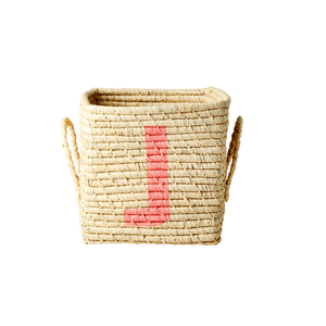 'Painted Letter J' Small Square Raffia Storage Basket - Rice DK