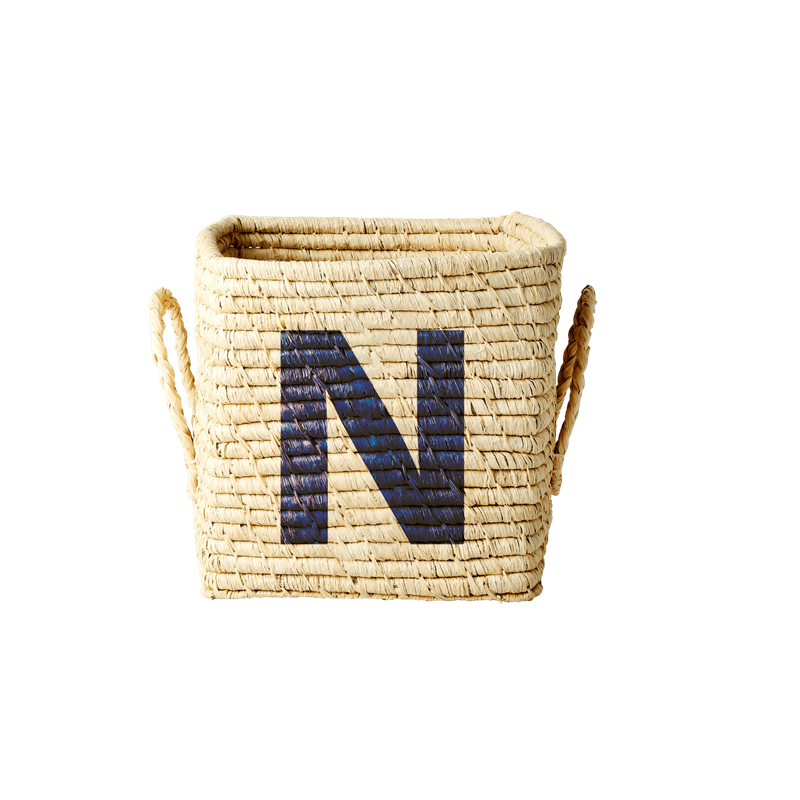 'Painted Letter N' Small Square Raffia Storage Basket - Rice DK