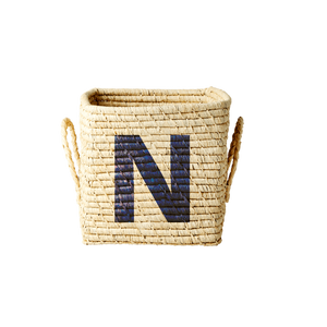 'Painted Letter N' Small Square Raffia Storage Basket - Rice DK