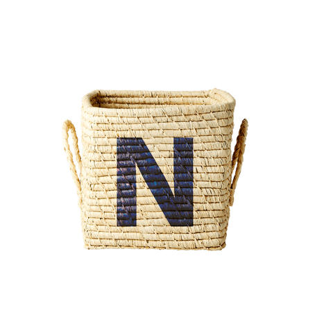 'Painted Letter N' Small Square Raffia Storage Basket - Rice DK